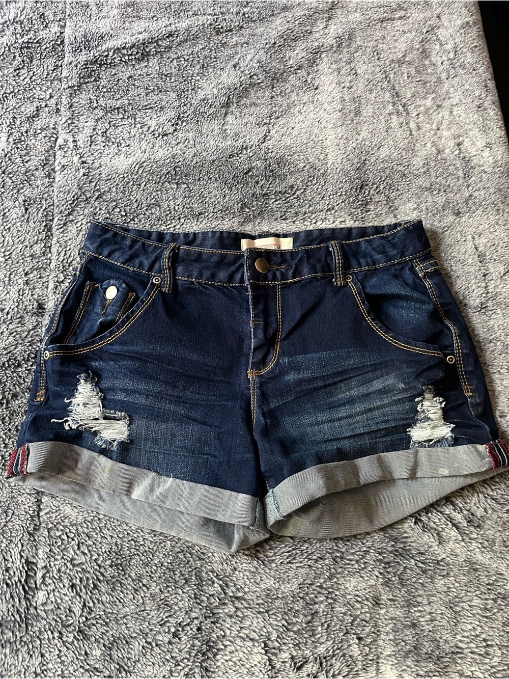 2.1 Denim Dark Blue Distressed Rolled Cuff Jean Shorts